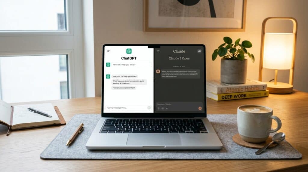 5 Best Free AI Chatbots interface on a laptop in a productive workspace